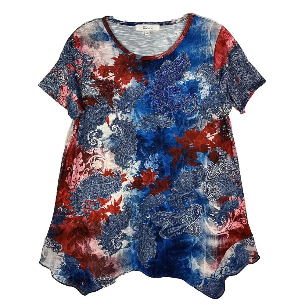 89th + Madison M Embellished Red White‎ & Blue Sheer Hem Short Sleeve Top Tee